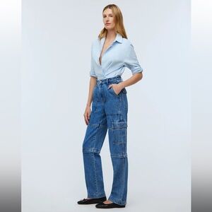 NWT Madewell Baggy Straight Cargo Jeans in Thetford Wash Zip Size 28